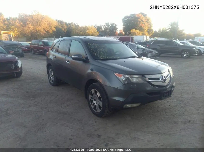 2008 Acura Mdx VIN: 2HNYB282X8H001375 Lot: 12123629