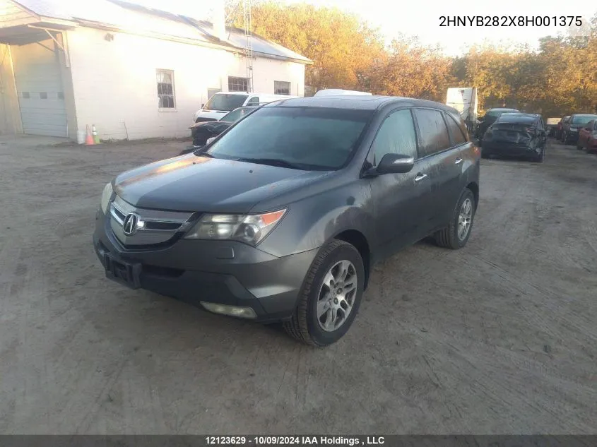 2008 Acura Mdx VIN: 2HNYB282X8H001375 Lot: 12123629