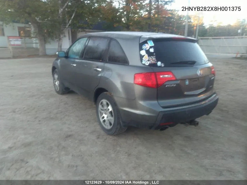 2008 Acura Mdx VIN: 2HNYB282X8H001375 Lot: 12123629