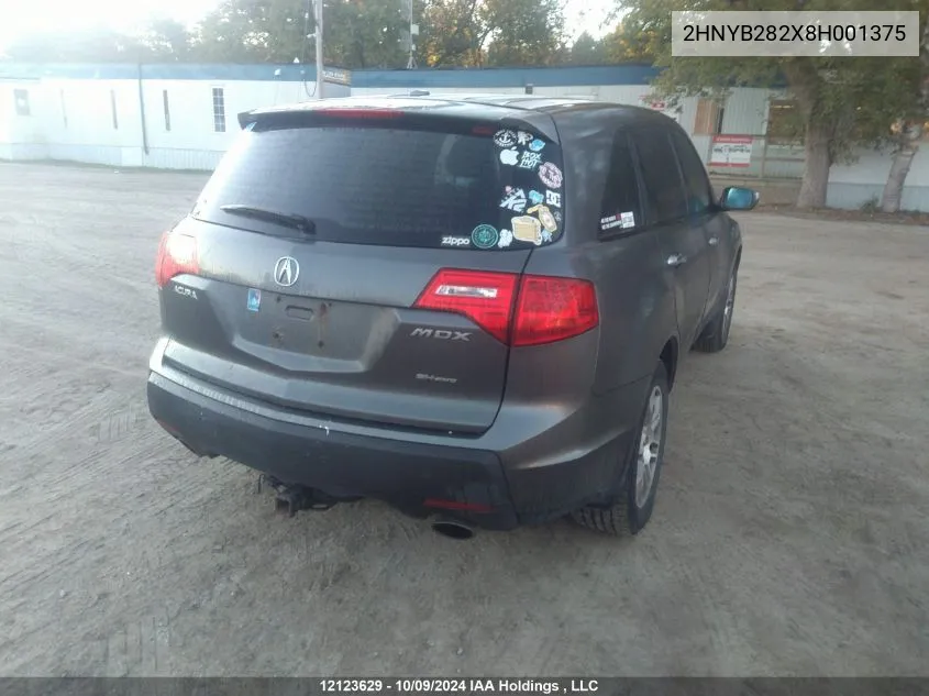 2008 Acura Mdx VIN: 2HNYB282X8H001375 Lot: 12123629