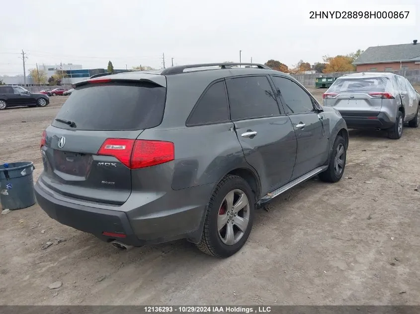 2008 Acura Mdx VIN: 2HNYD28898H000867 Lot: 12136293