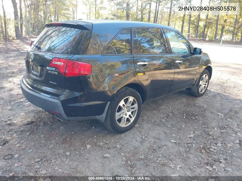 2008 Acura Mdx Technology Package VIN: 2HNYD28408H505578 Lot: 40661216