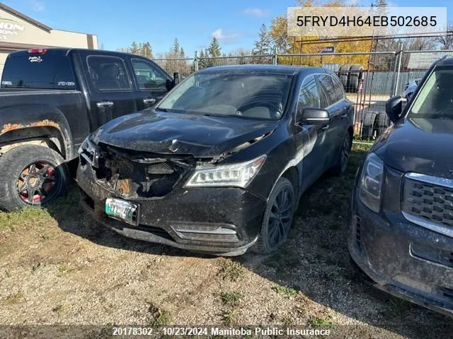 2014 Acura Mdx Tech VIN: 5FRYD4H64EB502685 Lot: 20178302