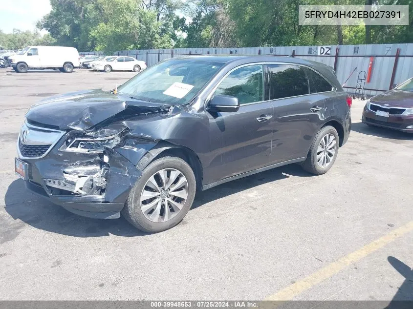 2014 Acura Mdx Technology Package VIN: 5FRYD4H42EB027391 Lot: 39948653