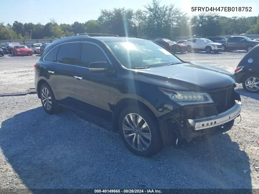 2014 Acura Mdx Technology Package VIN: 5FRYD4H47EB018752 Lot: 40149665