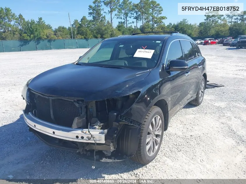 2014 Acura Mdx Technology Package VIN: 5FRYD4H47EB018752 Lot: 40149665