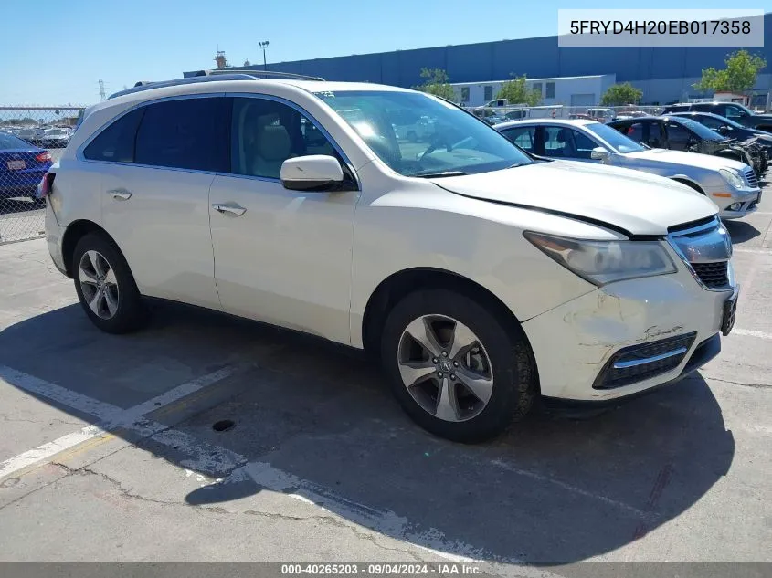 2014 Acura Mdx VIN: 5FRYD4H20EB017358 Lot: 40265203