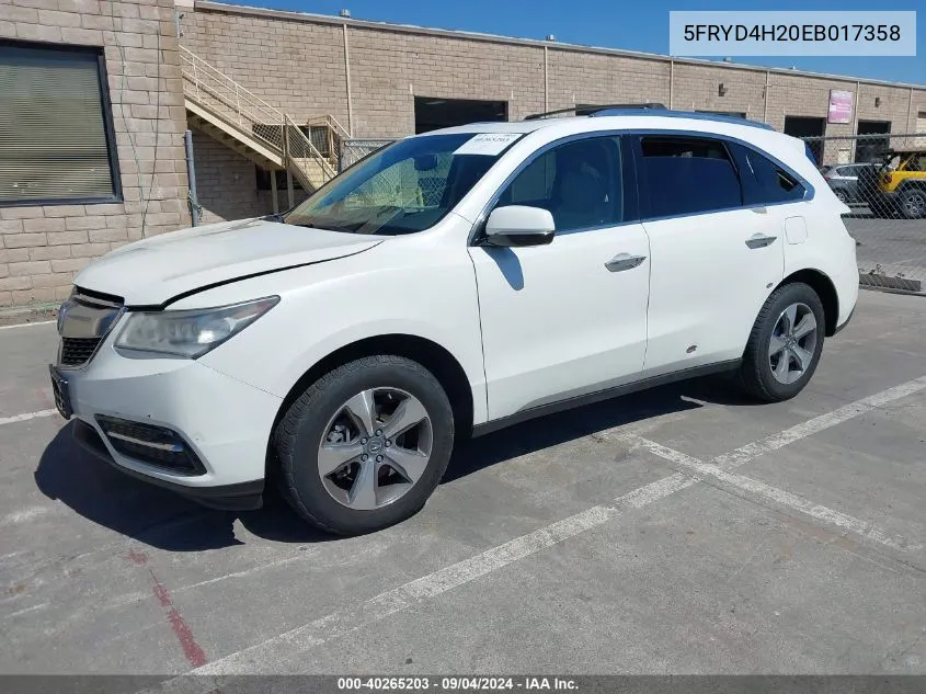 2014 Acura Mdx VIN: 5FRYD4H20EB017358 Lot: 40265203