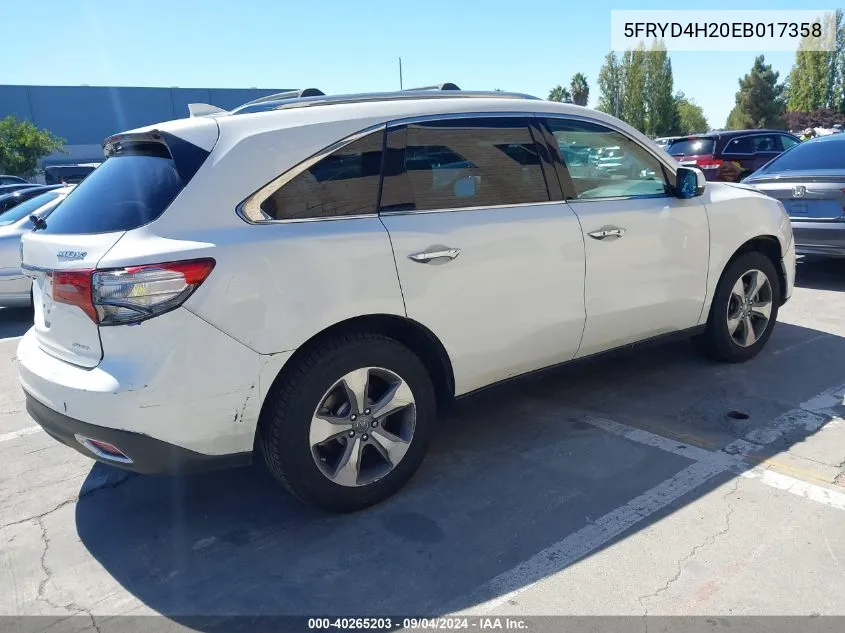 2014 Acura Mdx VIN: 5FRYD4H20EB017358 Lot: 40265203