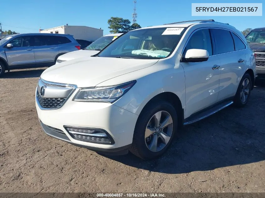 2014 Acura Mdx VIN: 5FRYD4H27EB021567 Lot: 40604857