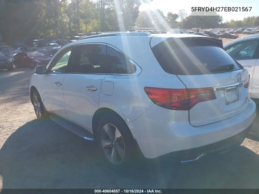 2014 Acura Mdx VIN: 5FRYD4H27EB021567 Lot: 40604857