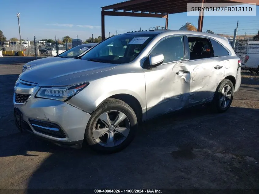 2014 Acura Mdx VIN: 5FRYD3H27EB013110 Lot: 40804026