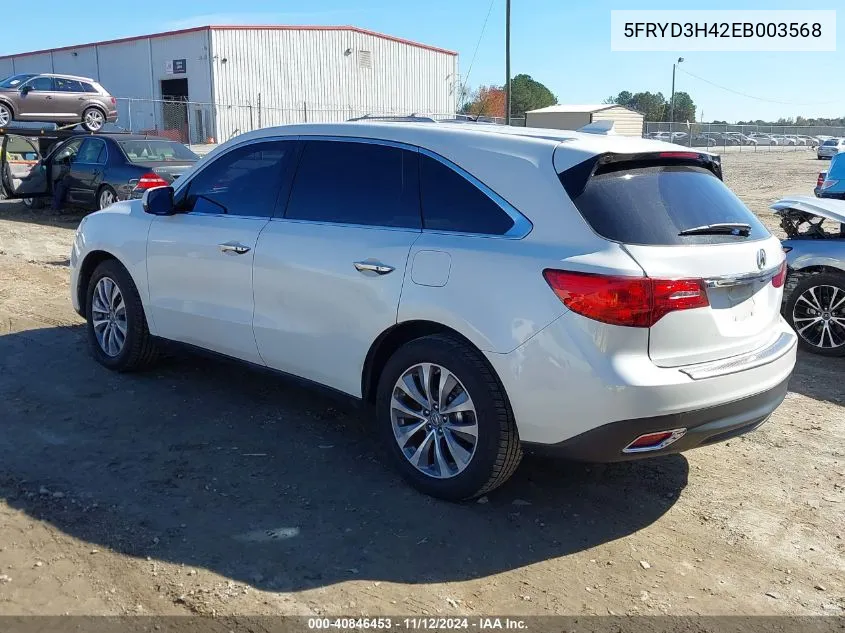 2014 Acura Mdx Technology Package VIN: 5FRYD3H42EB003568 Lot: 40846453