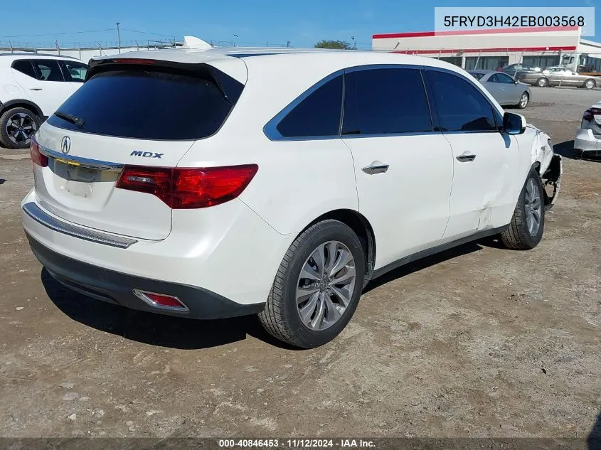 2014 Acura Mdx Technology Package VIN: 5FRYD3H42EB003568 Lot: 40846453