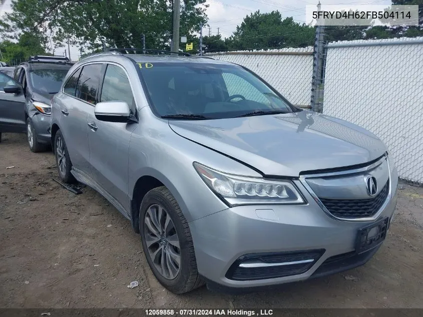 2015 Acura Mdx VIN: 5FRYD4H62FB504114 Lot: 12059858