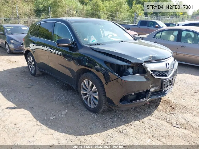 2015 Acura Mdx Technology Package VIN: 5FRYD4H42FB017381 Lot: 40184234