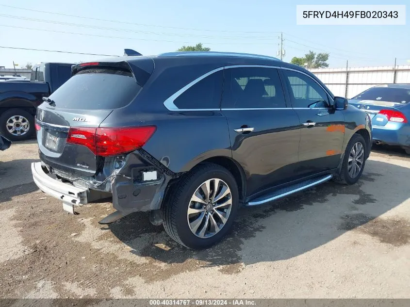 2015 Acura Mdx Technology Package VIN: 5FRYD4H49FB020343 Lot: 40314767