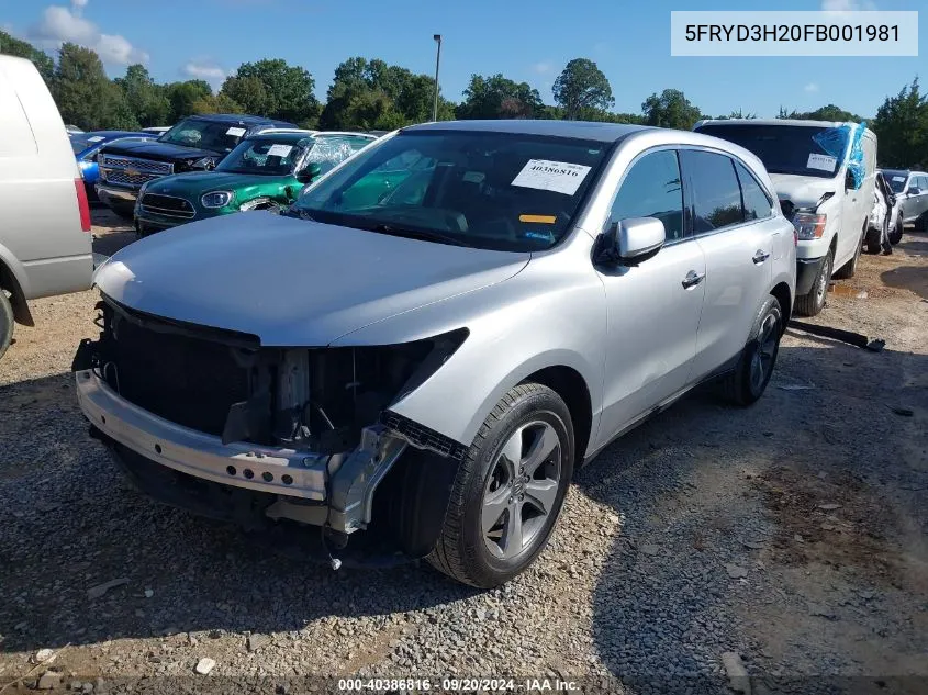 2015 Acura Mdx VIN: 5FRYD3H20FB001981 Lot: 40386816