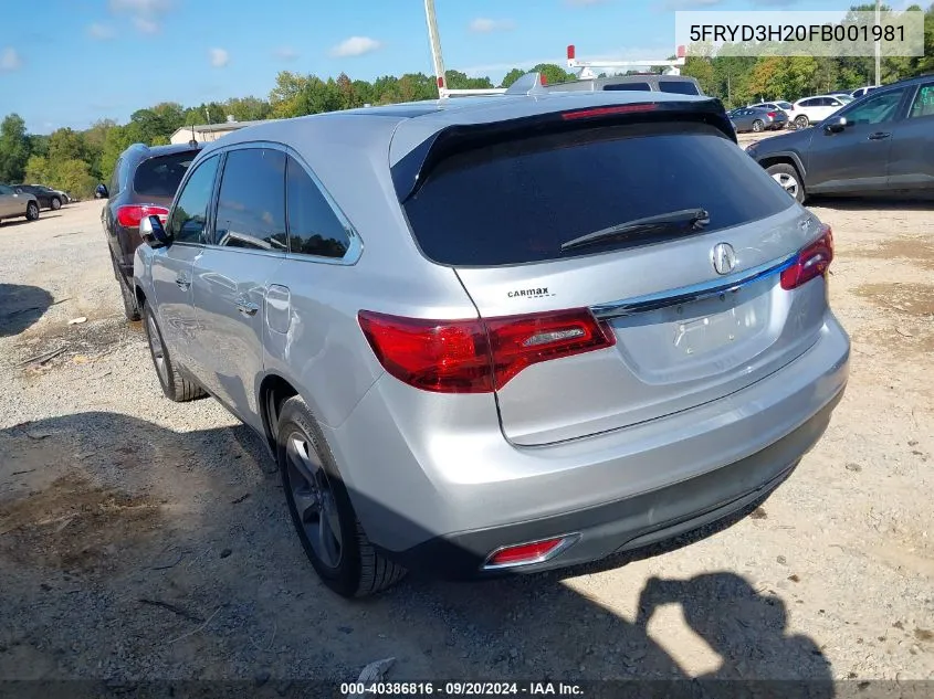 2015 Acura Mdx VIN: 5FRYD3H20FB001981 Lot: 40386816