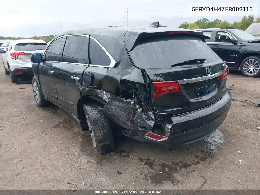 2015 Acura Mdx Technology Package VIN: 5FRYD4H47FB002116 Lot: 40393263