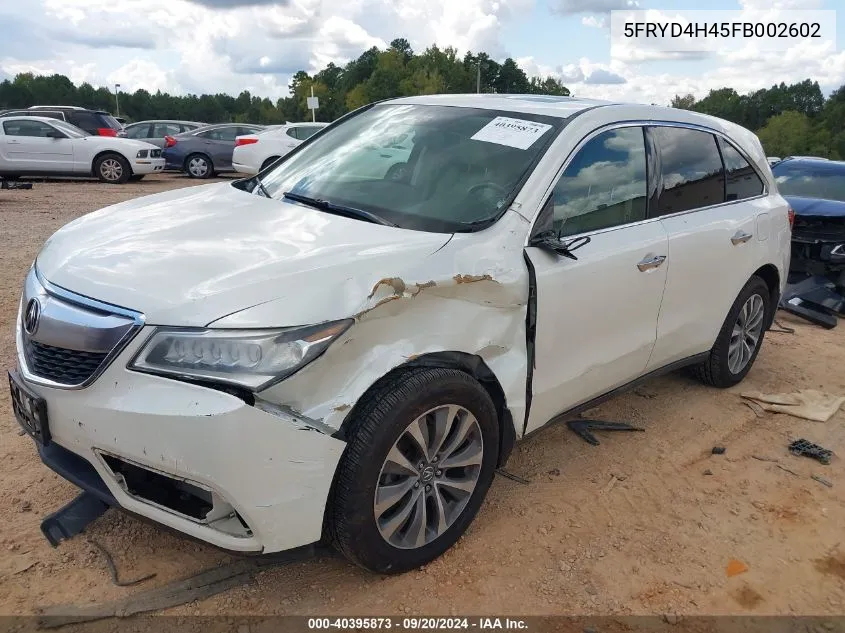 2015 Acura Mdx Technology Package VIN: 5FRYD4H45FB002602 Lot: 40395873