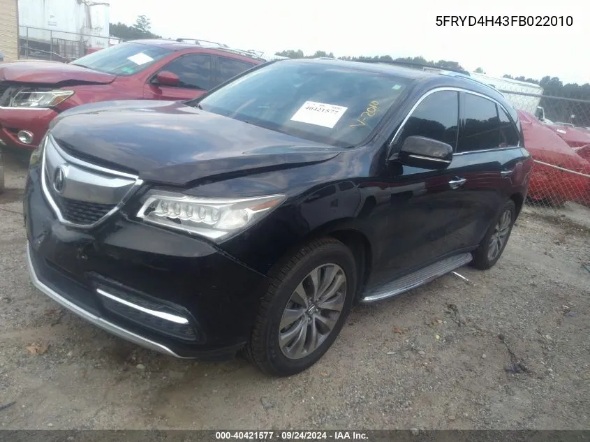 2015 Acura Mdx Technology VIN: 5FRYD4H43FB022010 Lot: 40421577