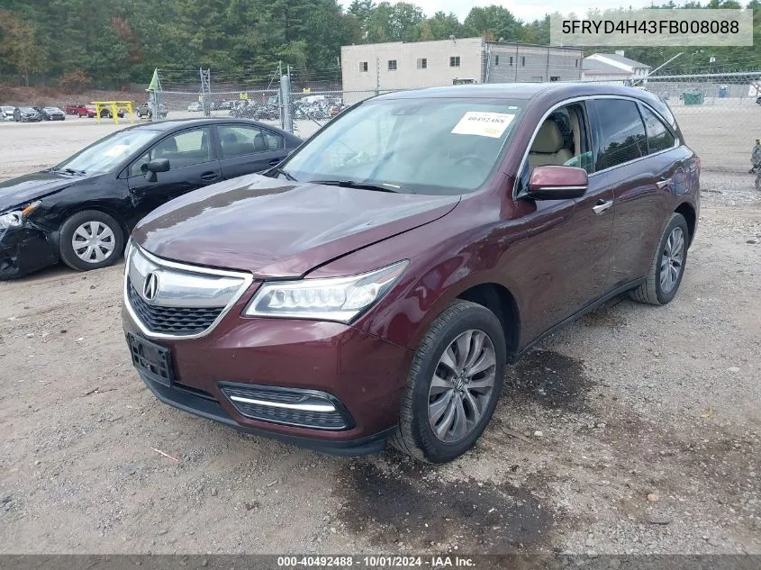 2015 Acura Mdx Technology Package VIN: 5FRYD4H43FB008088 Lot: 40492488