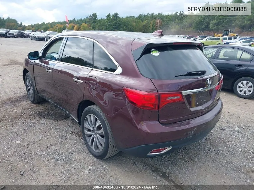 2015 Acura Mdx Technology Package VIN: 5FRYD4H43FB008088 Lot: 40492488