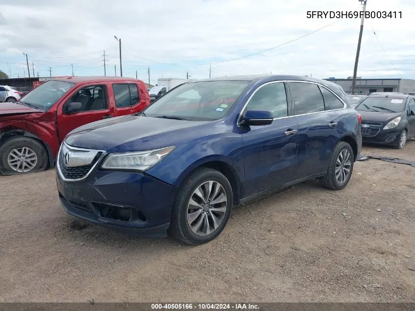 2015 Acura Mdx Technology Pkg W/Entertainment Pkg VIN: 5FRYD3H69FB003411 Lot: 40505166