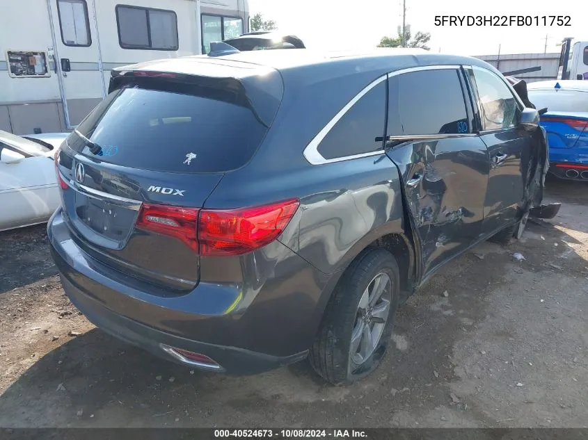 2015 Acura Mdx VIN: 5FRYD3H22FB011752 Lot: 40524673