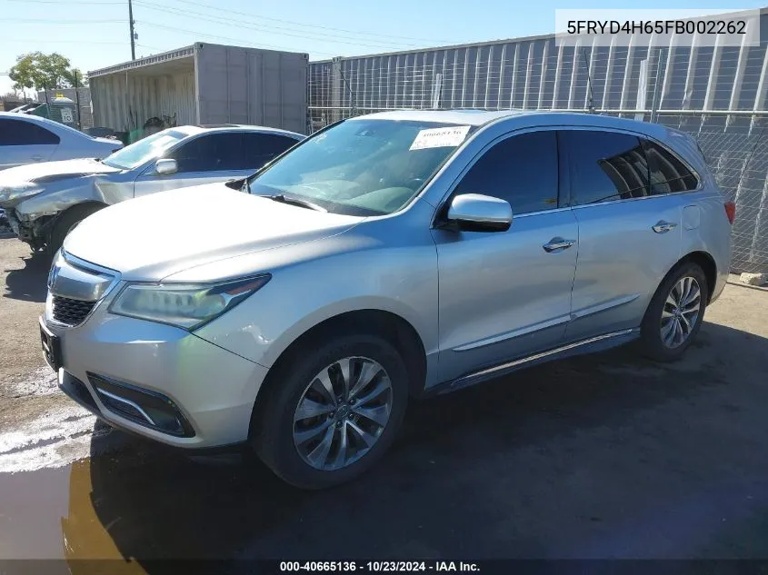 2015 Acura Mdx Technology Pkg W/Entertainment Pkg VIN: 5FRYD4H65FB002262 Lot: 40665136