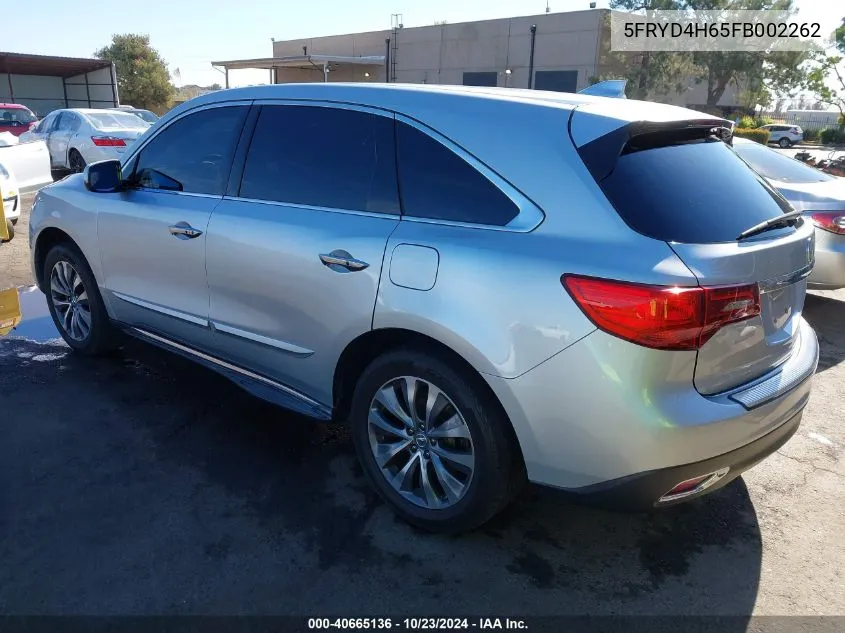 2015 Acura Mdx Technology Pkg W/Entertainment Pkg VIN: 5FRYD4H65FB002262 Lot: 40665136