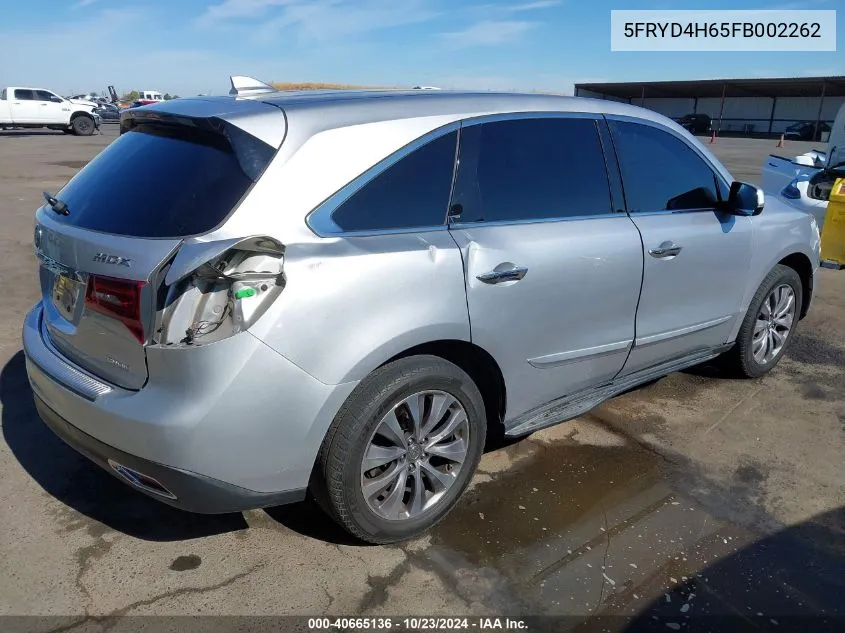 2015 Acura Mdx Technology Pkg W/Entertainment Pkg VIN: 5FRYD4H65FB002262 Lot: 40665136