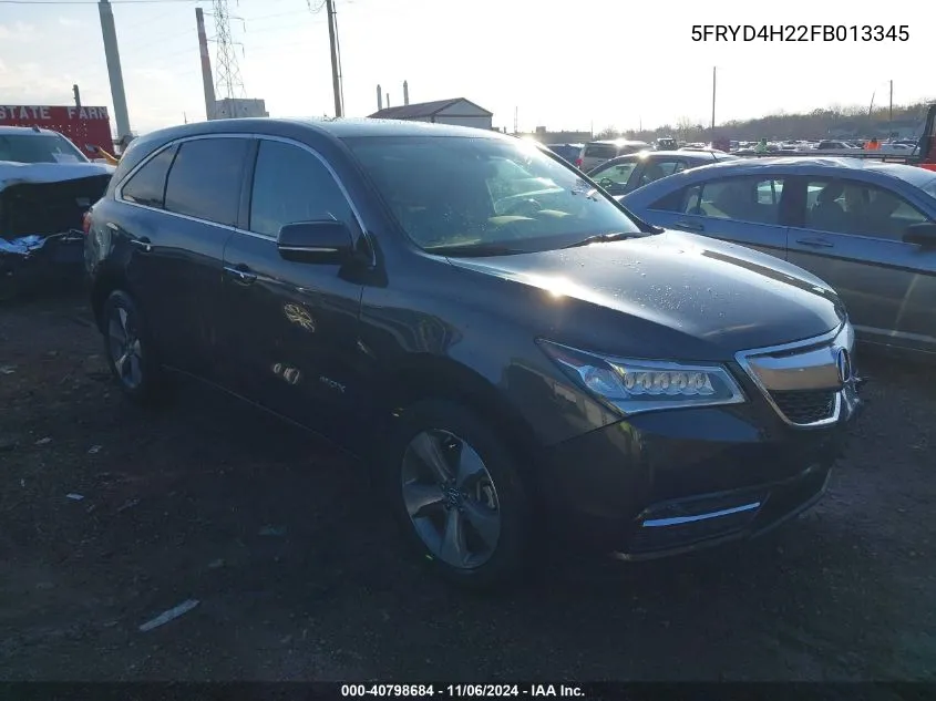 2015 Acura Mdx VIN: 5FRYD4H22FB013345 Lot: 40798684