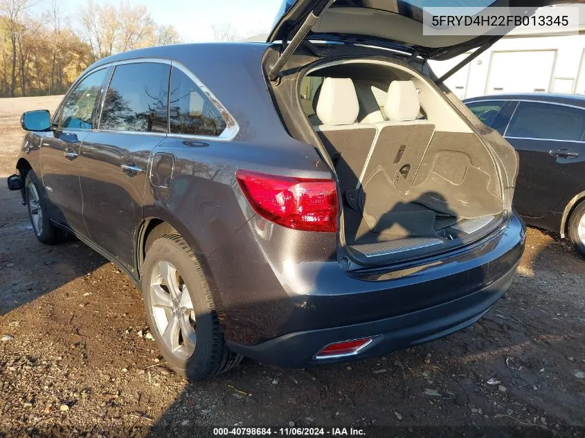 2015 Acura Mdx VIN: 5FRYD4H22FB013345 Lot: 40798684