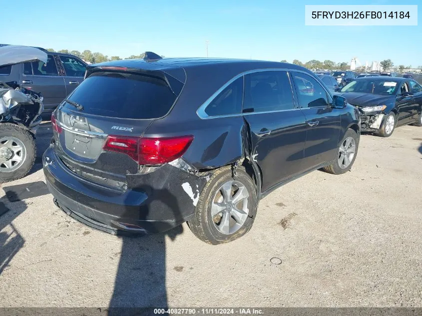 2015 Acura Mdx VIN: 5FRYD3H26FB014184 Lot: 40827790