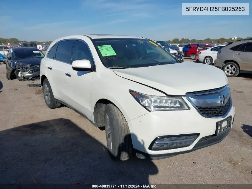 2015 Acura Mdx VIN: 5FRYD4H25FB025263 Lot: 40839771