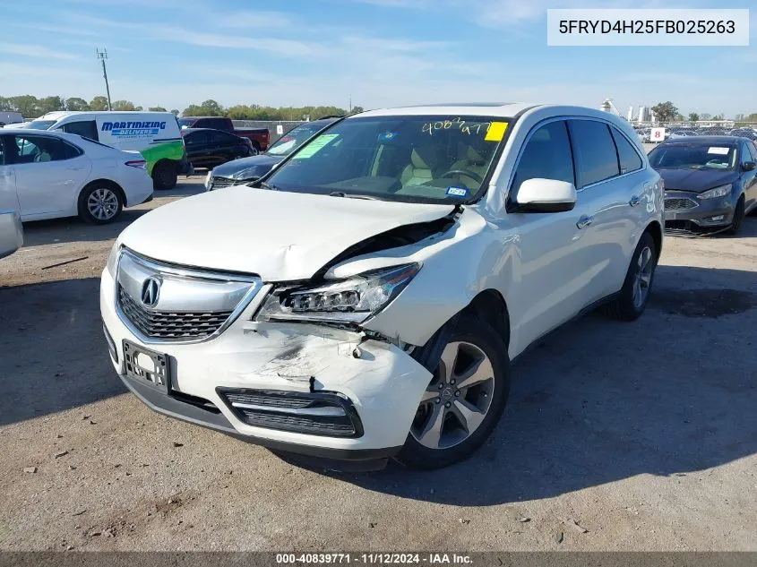 2015 Acura Mdx VIN: 5FRYD4H25FB025263 Lot: 40839771