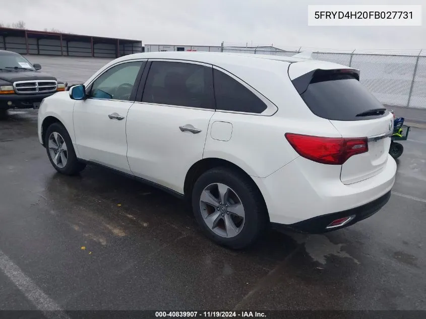 2015 Acura Mdx VIN: 5FRYD4H20FB027731 Lot: 40839907