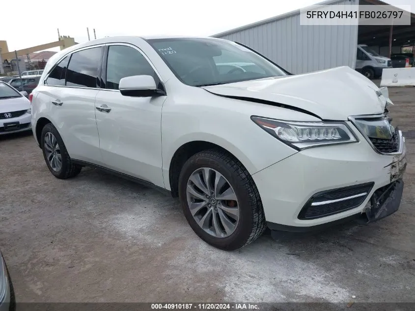 2015 Acura Mdx Technology Package VIN: 5FRYD4H41FB026797 Lot: 40910187