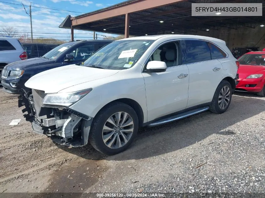 2016 Acura Mdx Technology Acurawatch Plus Packages/Technology Package VIN: 5FRYD4H43GB014801 Lot: 39256120