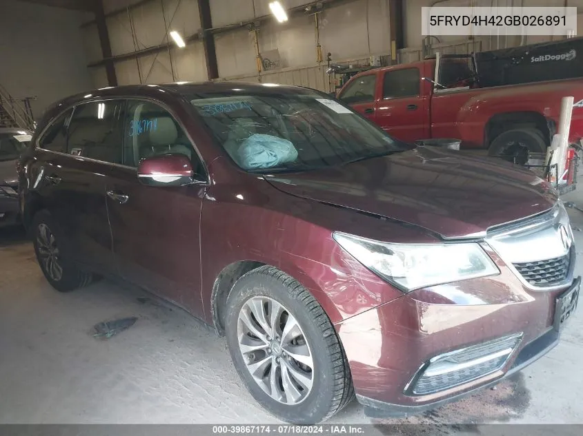 2016 Acura Mdx Technology VIN: 5FRYD4H42GB026891 Lot: 39867174