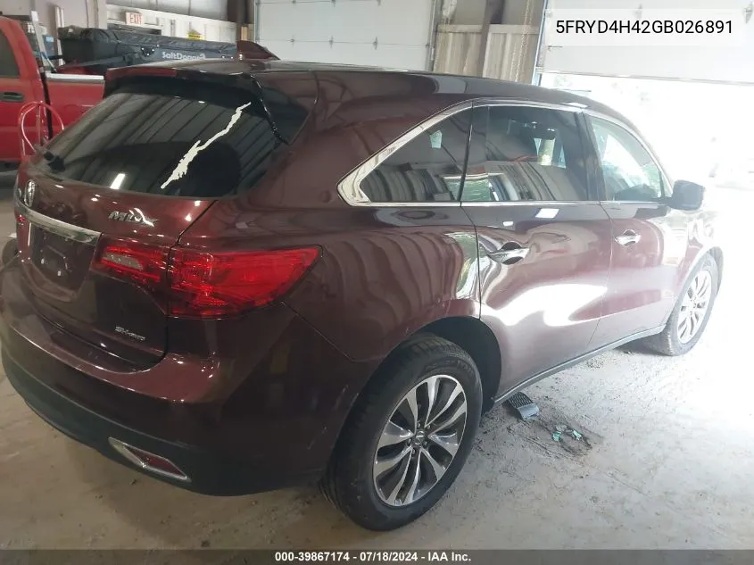 2016 Acura Mdx Technology VIN: 5FRYD4H42GB026891 Lot: 39867174