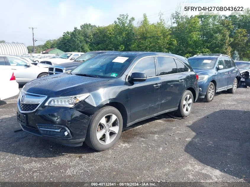 2016 Acura Mdx 3.5L (A9)/W/Acurawatch Plus VIN: 5FRYD4H27GB043622 Lot: 40132841