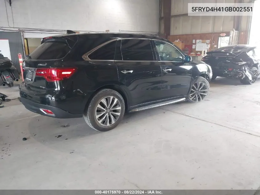 2016 Acura Mdx Technology Acurawatch Plus Packages/Technology Package VIN: 5FRYD4H41GB002551 Lot: 40175970