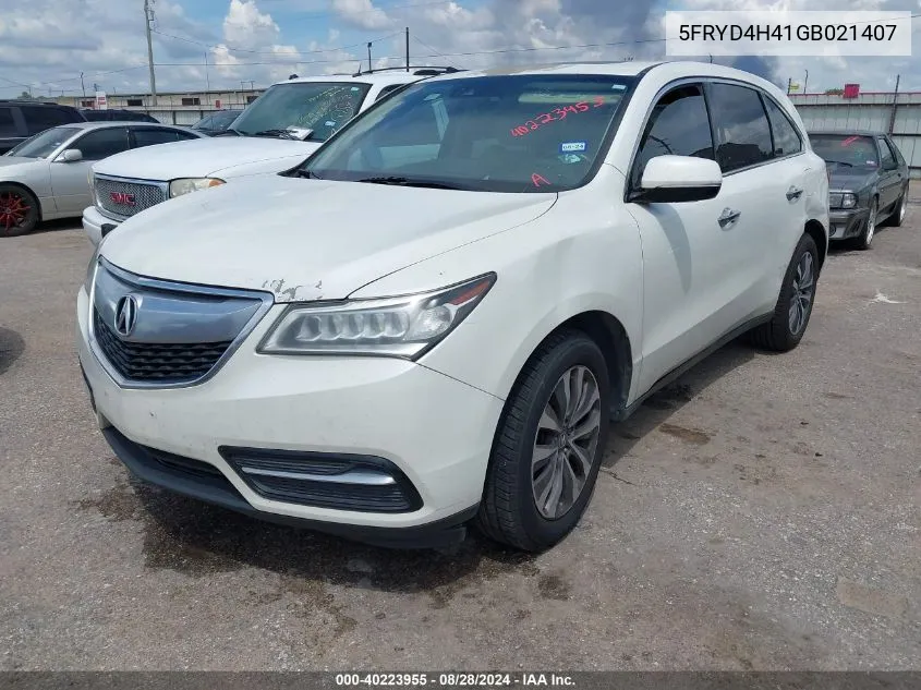 2016 Acura Mdx Technology Acurawatch Plus Packages/Technology Package VIN: 5FRYD4H41GB021407 Lot: 40223955