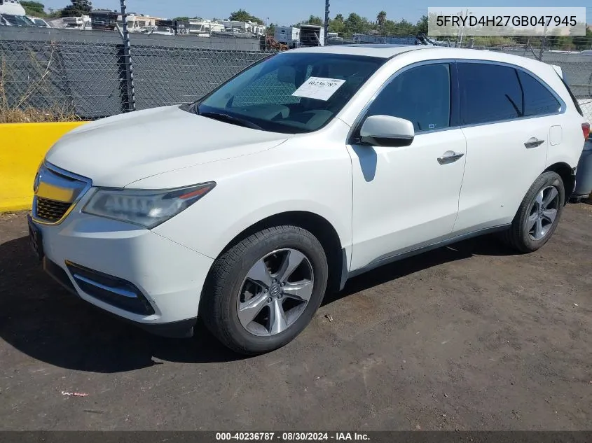 2016 Acura Mdx Acurawatch Plus Package VIN: 5FRYD4H27GB047945 Lot: 40236787