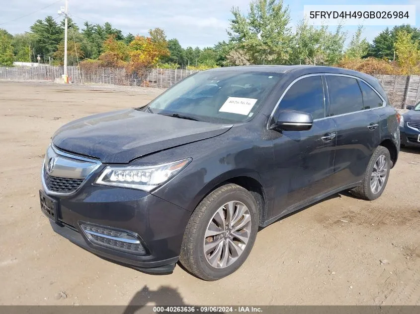 2016 Acura Mdx Technology Acurawatch Plus Packages/Technology Package VIN: 5FRYD4H49GB026984 Lot: 40263636