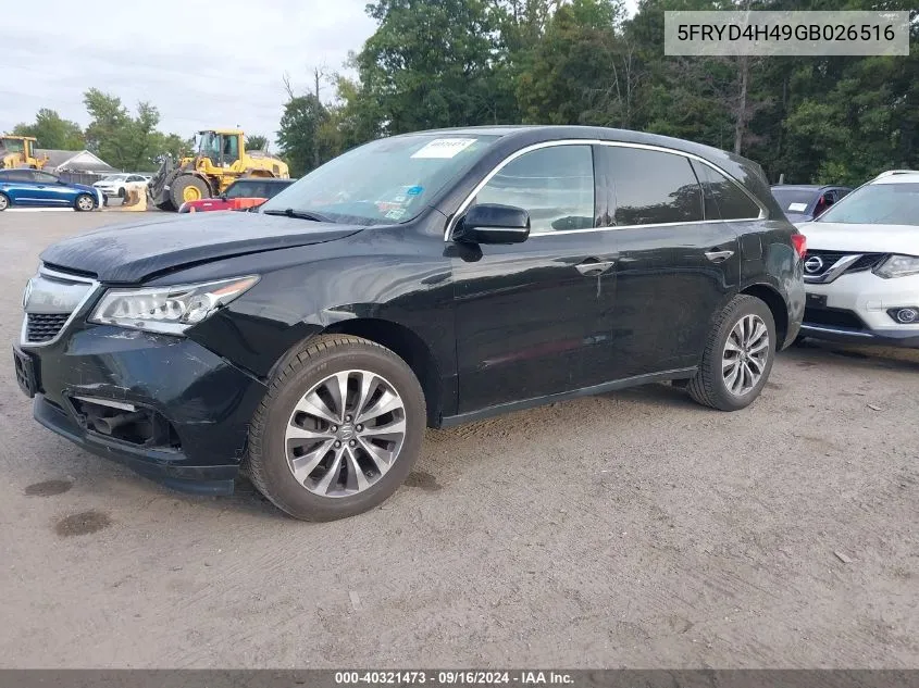 2016 Acura Mdx Technology VIN: 5FRYD4H49GB026516 Lot: 40321473