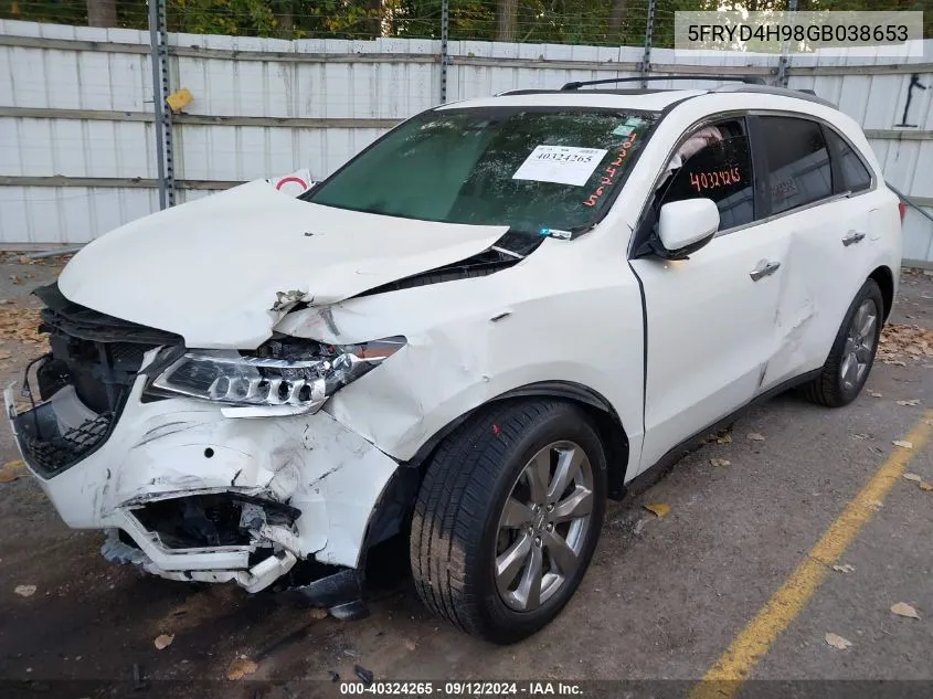 2016 Acura Mdx Advance VIN: 5FRYD4H98GB038653 Lot: 40324265